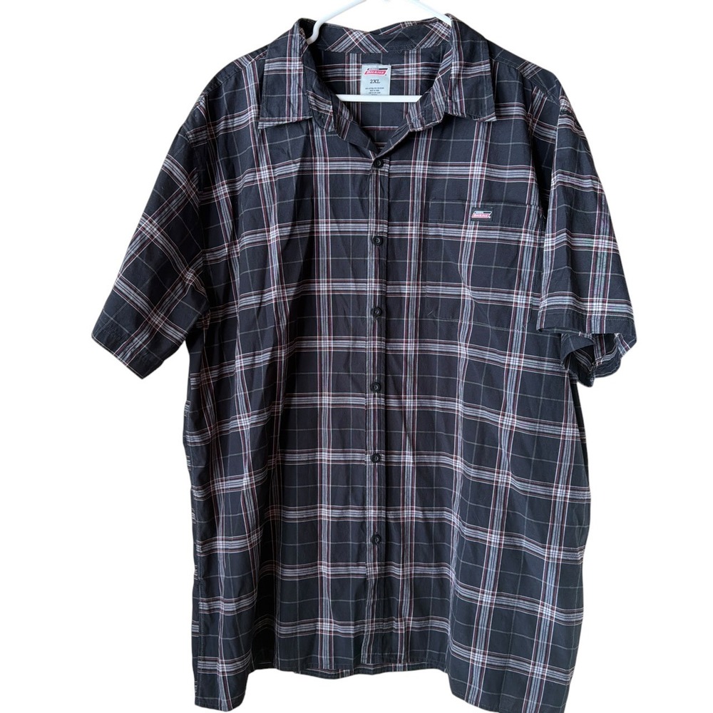 Genuine Dickies Mens 2XL Black Plaid Short Sleeve Button Up Work Shirt